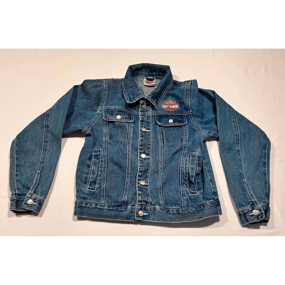 Harley-Davidson Youth Denim Jacket Blue Medium Wash Biker Graphic Size 12/14
